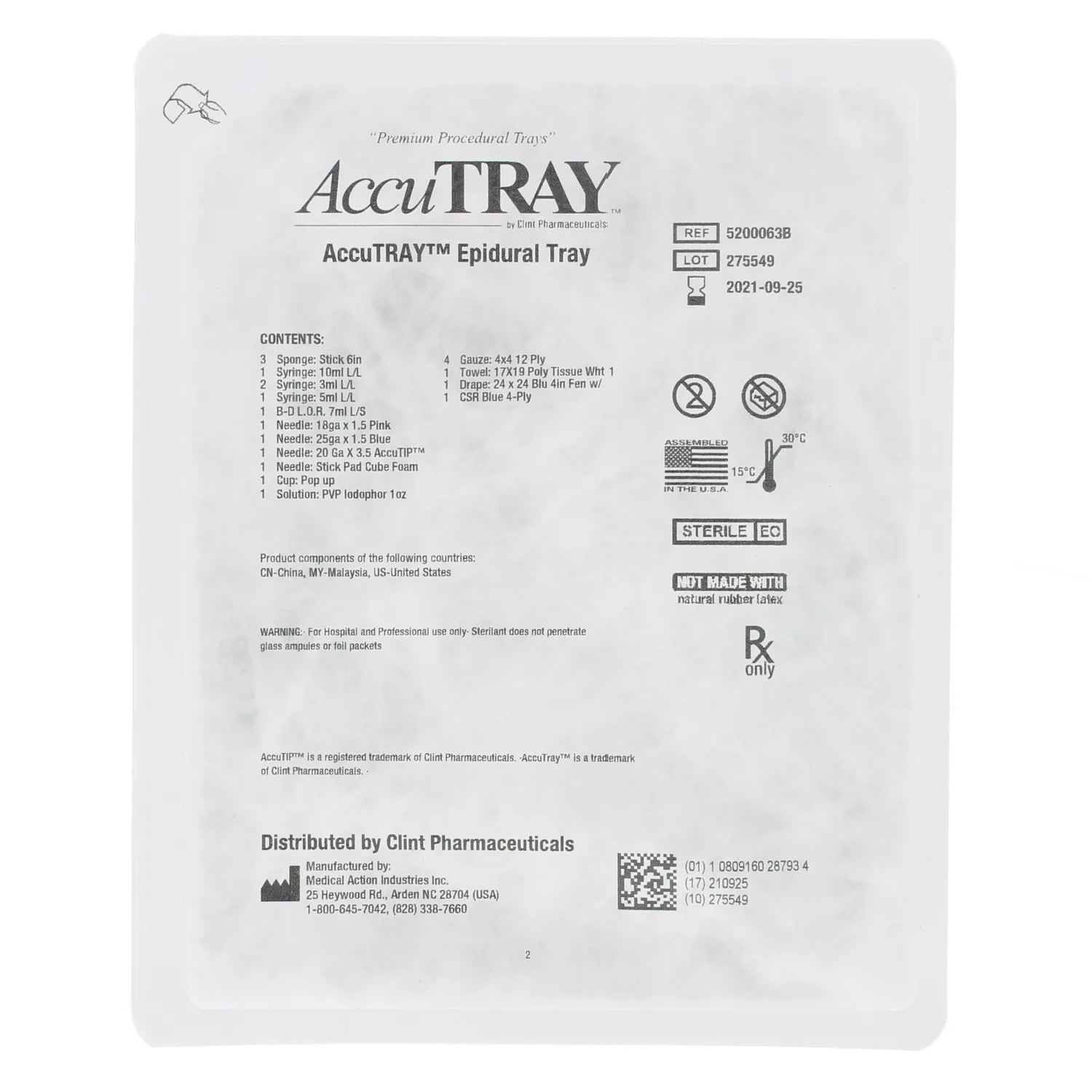 AccuTray™ Epidural Tray w/20g x 3.5 Tuohy Needle